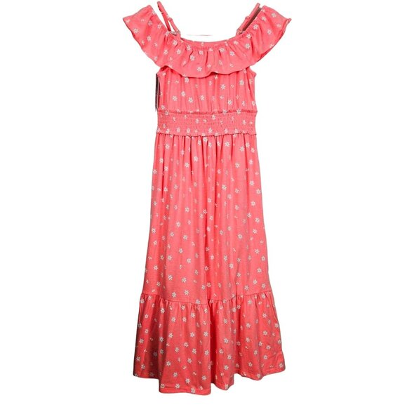 Girls Coral Ruffle Floral Dress Smocked Waist & Shoulder Straps Size Large 10-12 - Picture 1 of 10